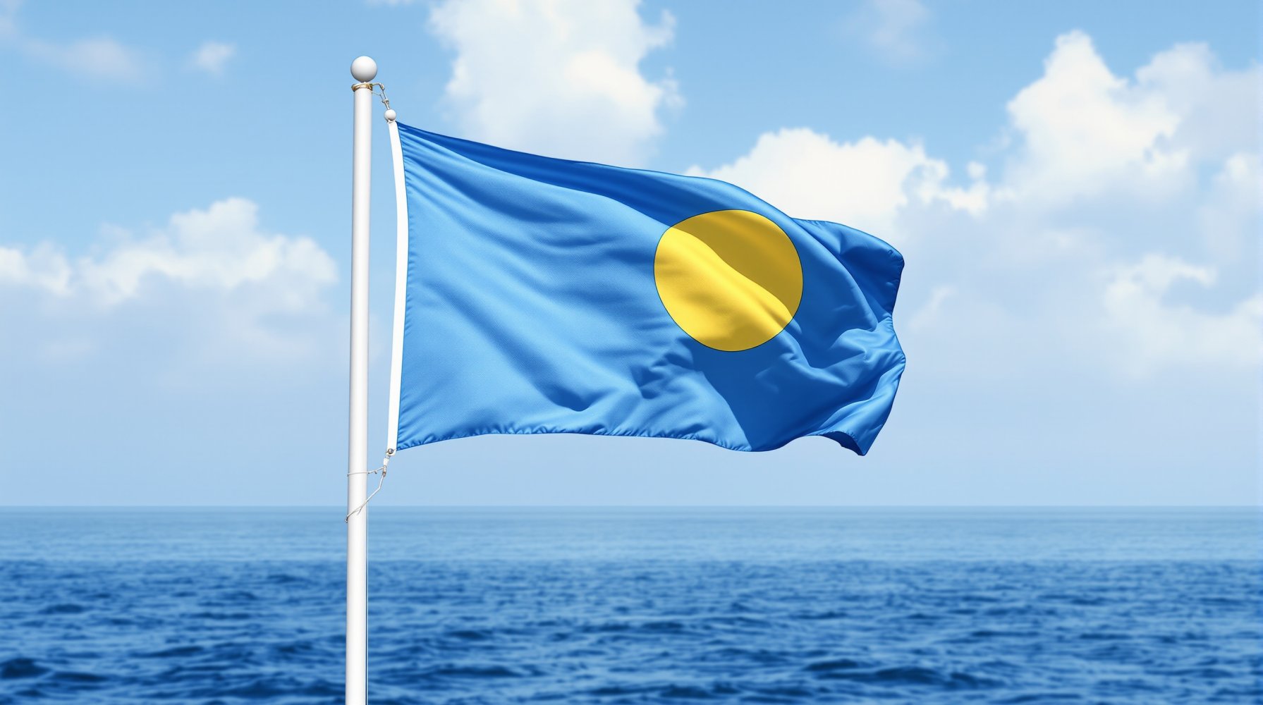 Flaga Republiki Palau na flagowym drzewcu nad Pacyfikiem