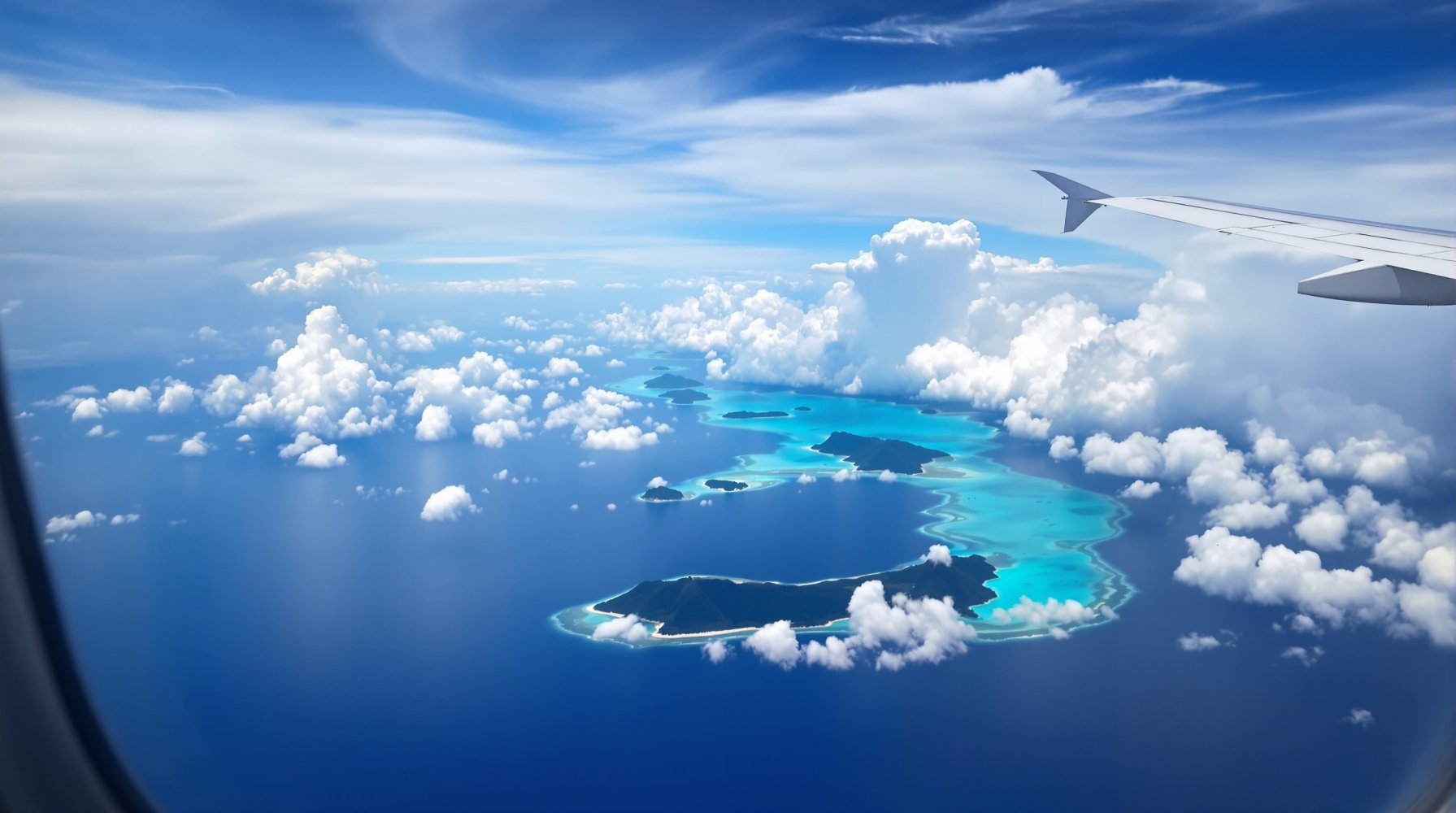 Lot nad Pacyfikiem - widok z okna samolotu, chmury, ocean, podroz do Palau