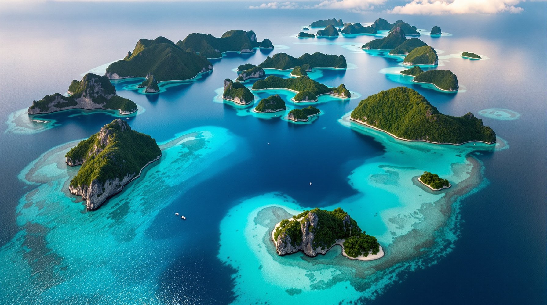 Rock Islands Southern Lagoon w Palau - widok z lotu ptaka, golden hour