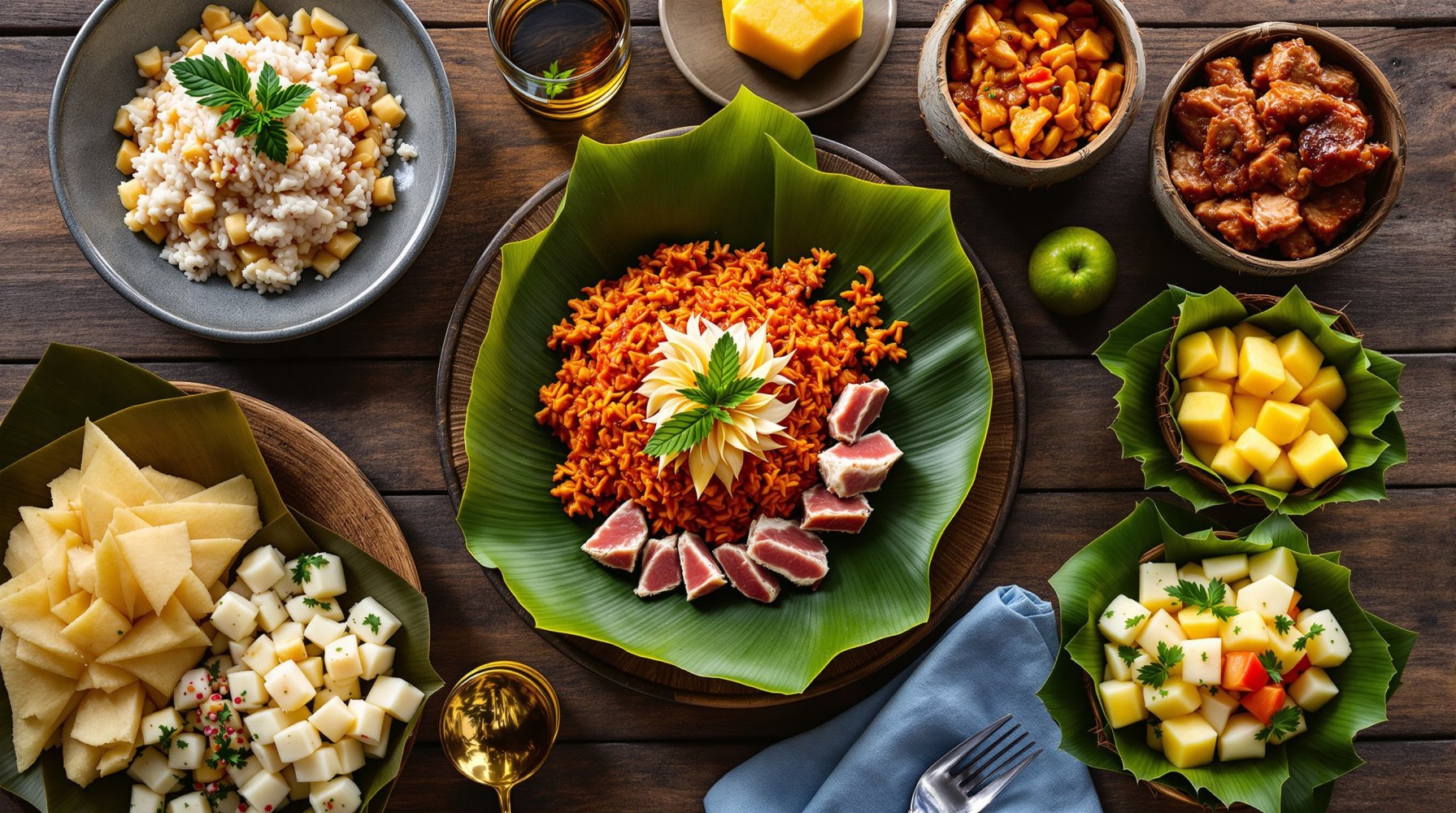 Tradycyjne potrawy Palau - czerwony ryz z wieprzowina, sashimi tunczyka na lisciach bananowca, taro, owoce tropikalne